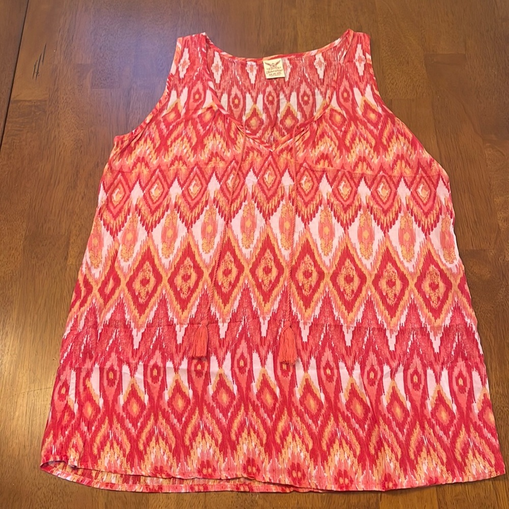 Faded Glory (M) - Pink & Orange Print Sleeveless Blouse w/ tassels.
